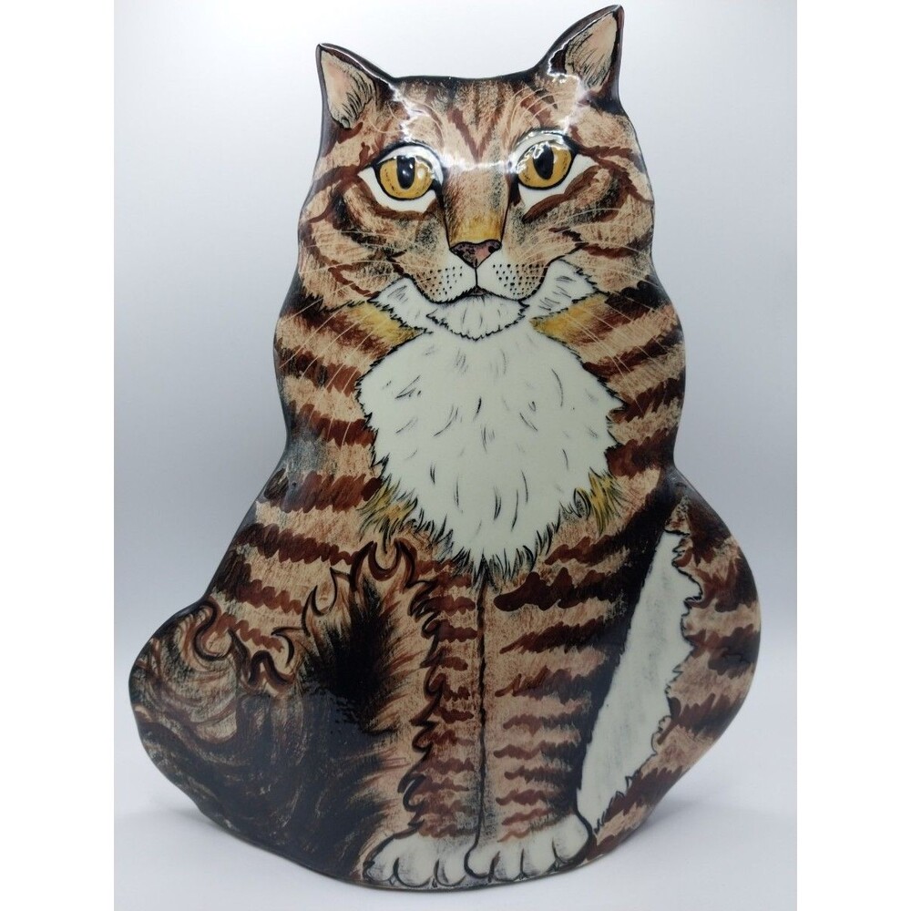 Nina Lyman Ceramic Cat Figurine Brown Striped 11 Inch Decorative Collectible